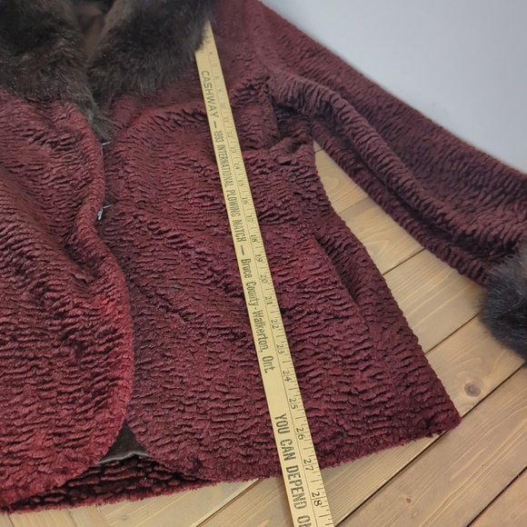 Vintage Burgundy Faux Persian Lamb Coat w/Faux Fur Trim Retro Glam - Picture 10 of 16